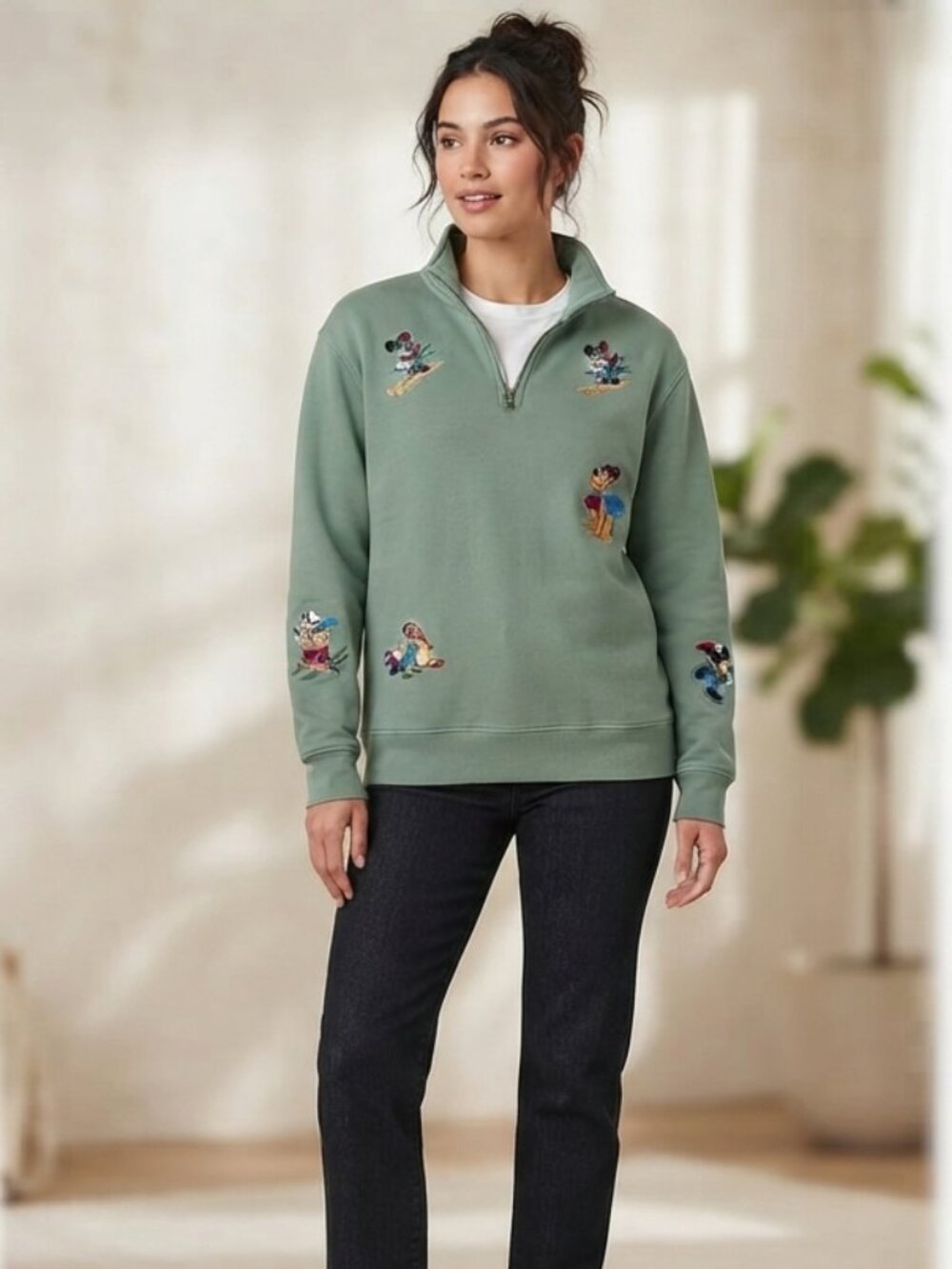 Disney Parks Green Embroidered Winter Sports Quarter Zip Sweatshirt - Size Small